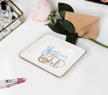 WODMIS Christian Coquette Blue Bow Ceramic Jewelry Tray Dish, Preppy Bible Verse Jewelry Plate Ring Trinket Dish, Trendy Aesthetic Ribbon Gifts for Women Bestie Best Friends 511