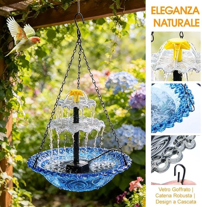 Solar Fountain for Bird Bath，Solar Cascade Hanging Bird Bath Fountain，Large Humming Birds Baths Fountains, with Solars Pump & Glass Bowl, for Outdoor, Gardens (Gray)