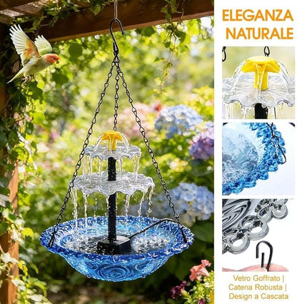 Solar Fountain for Bird Bath，Solar Cascade Hanging Bird Bath Fountain，Large Humming Birds Baths Fountains, with Solars Pump & Glass Bowl, for Outdoor, Gardens (Pink)
