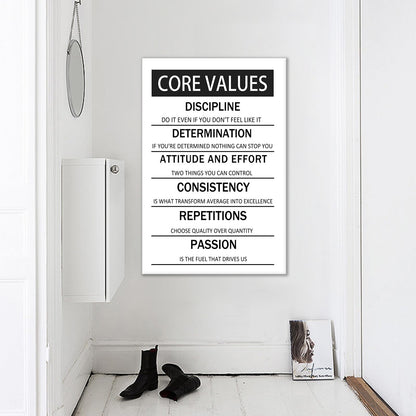 Core Values Motivational Wall Art Canvas Poster Black and White Inspirational Painting Print Artwork for Living Room Office Gym Modern Home Wall Decor Artwork Framed Ready to Hang [24''W x 36''H]
