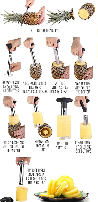 Apple Corer + Pineapple Tool + Herb Kale Stripper- Lever Tool by BRIGHT KITCHEN Stainless Steel Pear Fruit Seed Remover Cherry Red Grip with Serrated Blade (Apple + Pineapple + Herb)
