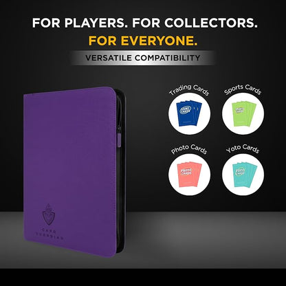 Card Guardian - 9 Pocket Premium Black Binder with Zipper for 360 Cards - Side Loading Pockets for Trading Card Games TCG (Purple)