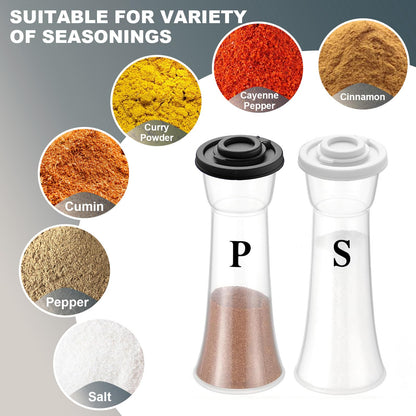 CEILUPY Salt and Pepper Shakers Set of 2, Large Clear Plastic Hourglass Shakers with 16 Pre-Printed Spice Labels, Moisture Proof Lids for Kitchen, Camping, Travel & Outdoor (Black & White)