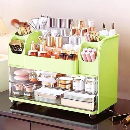 Makeup Organizer with Drawers for Vanity,Bathroom Countertop Organizer with Brushes Holder,Skincare Storage Organizer,Perfect Cosmetic Display Case for Skincare,Lipstick and Beauty Essential (Green)