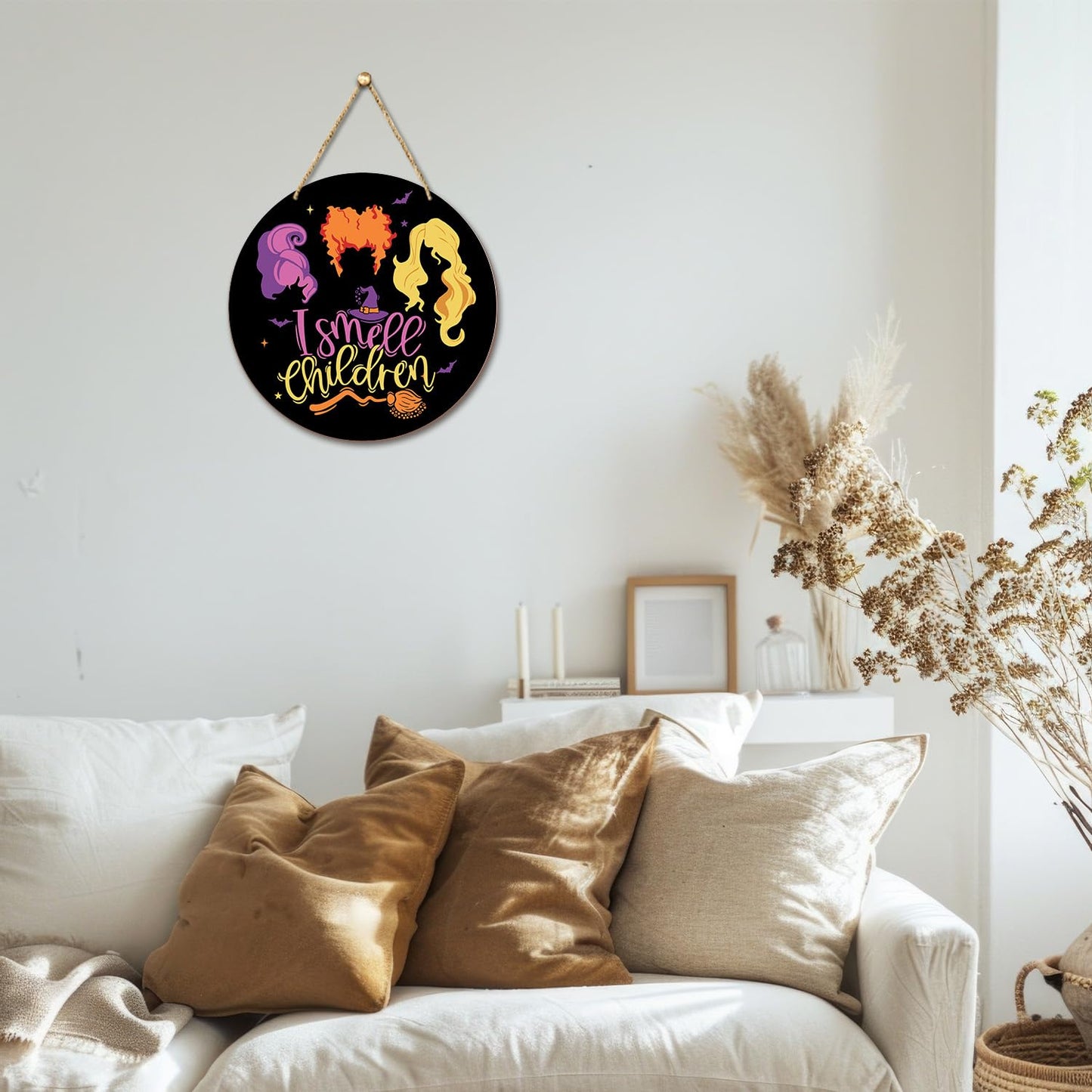 Witches Halloween Decorations For Home - I Smell Children, Welcome Sign for Front Door, Home Outside Inside Decor Wood Sign, Haunted House Halloween Party Wall Door Wreath/04