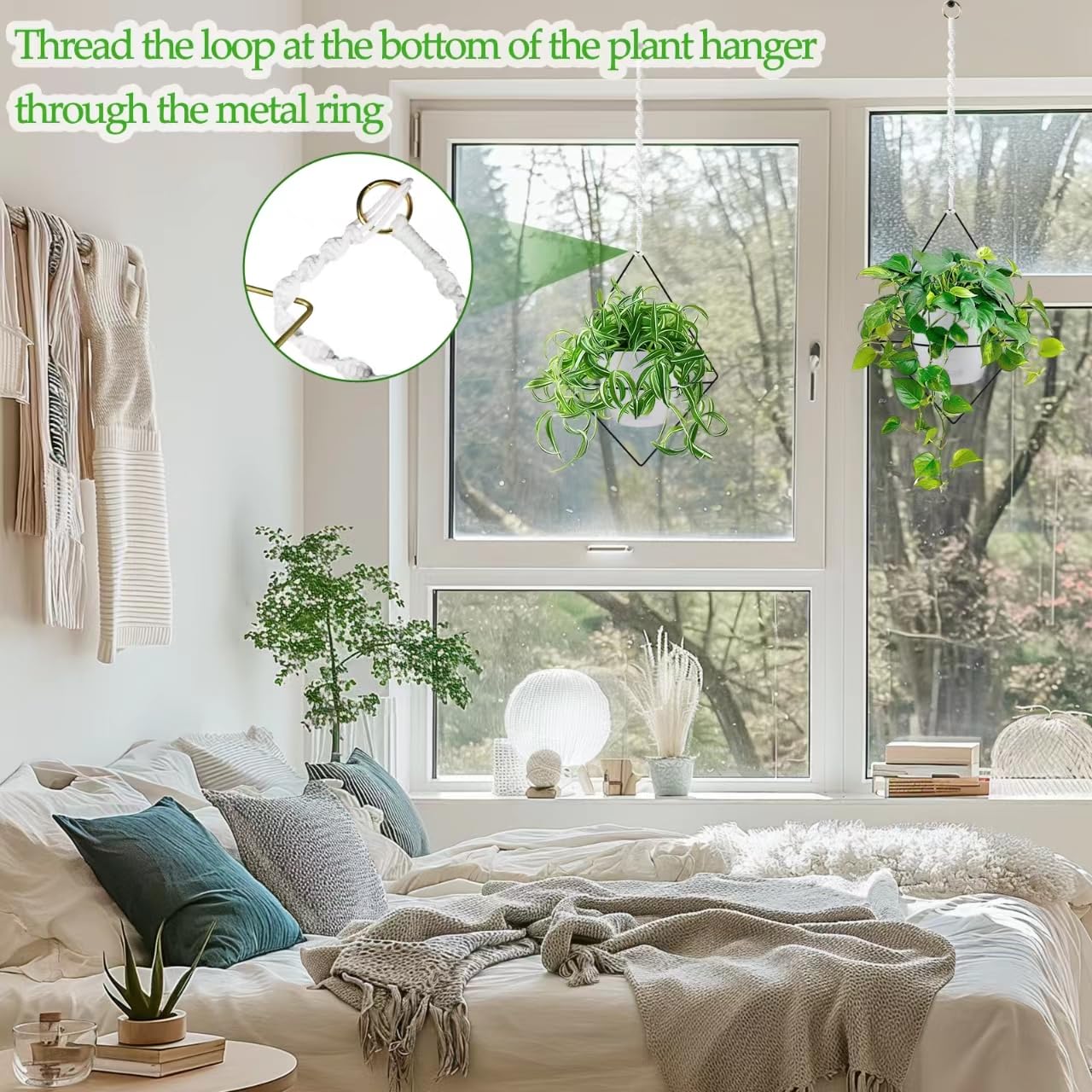 Koalaime Hanging Planters for Indoor Plants, 2 Set Self Watering Hanging Flower Pots, Modern Hanging Plant Baskets with Metal Plant Holder & 6.5 Inch Plastic Pots for Garden Home Decor (White)