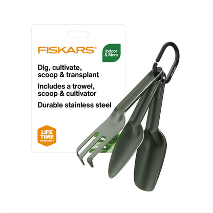 Fiskars 3-Piece Plant Cultivating Tool Set, Nesting Trowel, Soil Scoop & Cultivator for Indoor Gardening, Stainless Steel with Green Powder Coat Finish, Space Saving Design for Repotting Houseplants