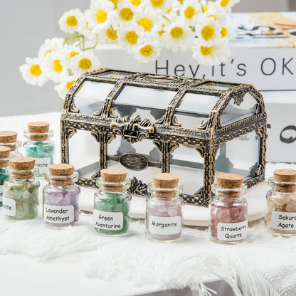 Crystal Chips Gemstone Bottles Set of Different Mini Crystals for Spell Jars, Healing Crystals for Witchcraft in Vintage Box, Chakra Crystals and Healing Stones Set Witch Gifts Witchcraft Supplies