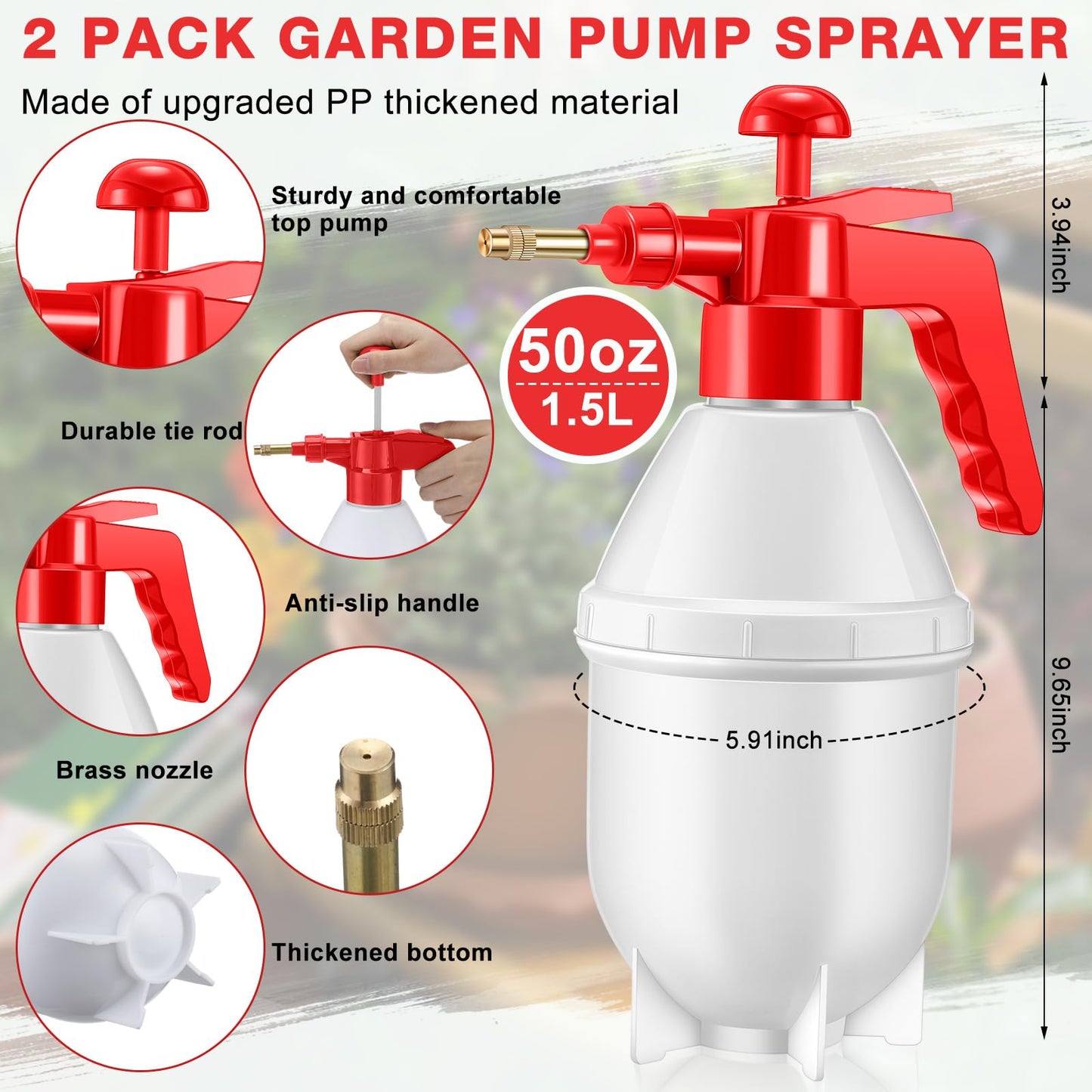Ziliny 2 Pcs50 oz Handheld Pump Spray Bottle Garden Mister Spray Bottles Lawn Pressure Hand Pump Sprayer with Adjustable Nozzle for Chemicals Watering Weeds Plants and Cleaning (Red)