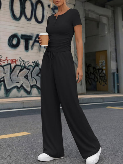 Trendy Queen Womens 2 Piece Sets Lounge Matching Set Cruise Casual Vacation Outfits Summer Airport Workout Gym Clothes Spring Fashion 2026 Teen Girl Wide Leg Pants Athletic Travel Tops Black M