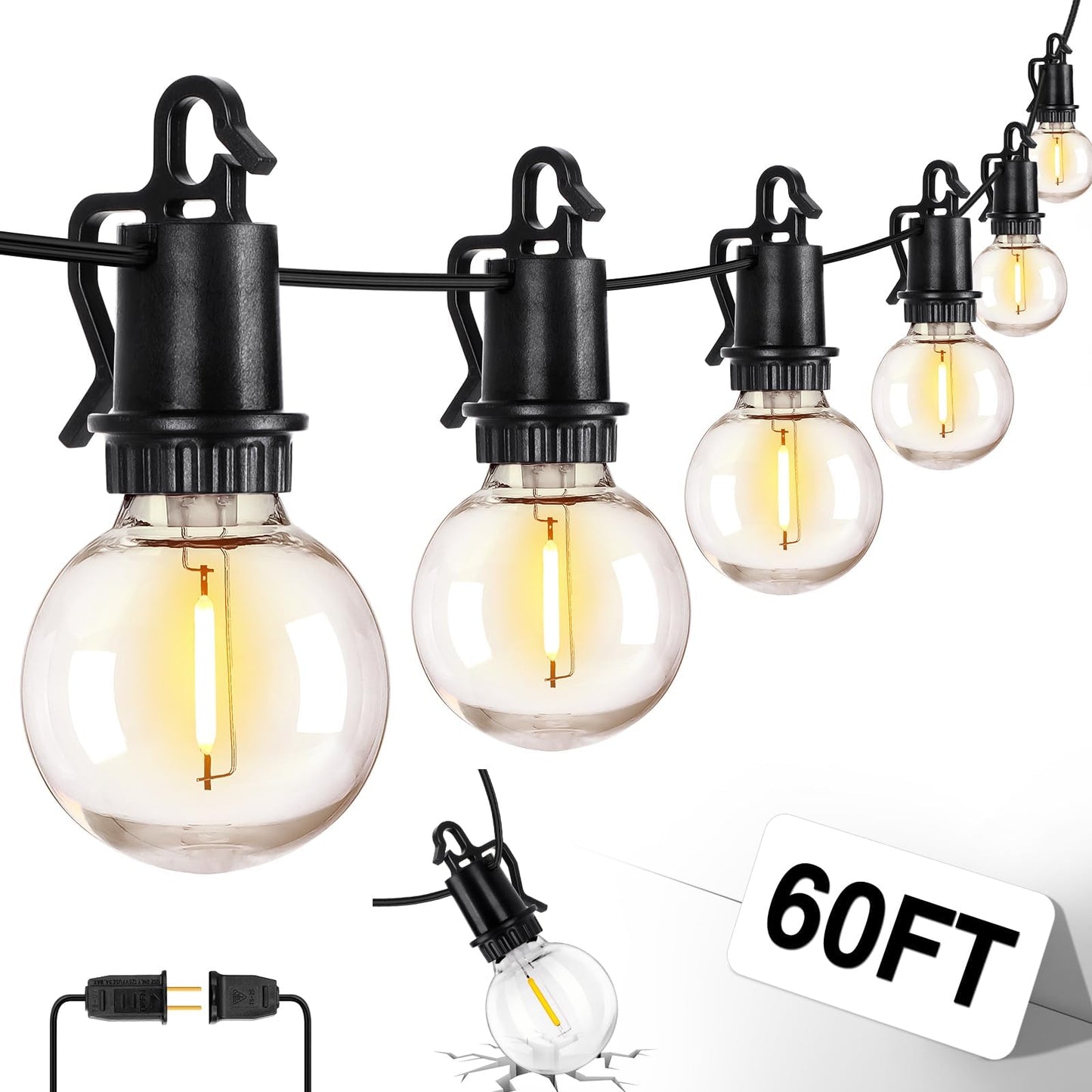 ZJOJO 60FT Outdoor String Lights, G40 Globe Outdoor Lights with 30 Shatterproof LED Bulbs (2 Spare), 2700K Hanging Waterproof Patio Light, Connectable String Lights for Outside Backyard Porch Party