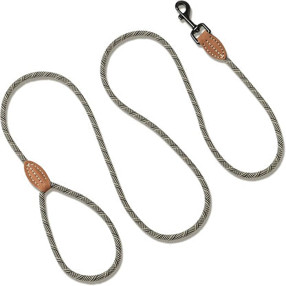 Mile High Life Small Dog Leash, Thin Rope Leash with Genuine Leather Connection and Heavy Duty Metal Clasp, Great for Small Medium Dogs(White,60 Inch-1/3)