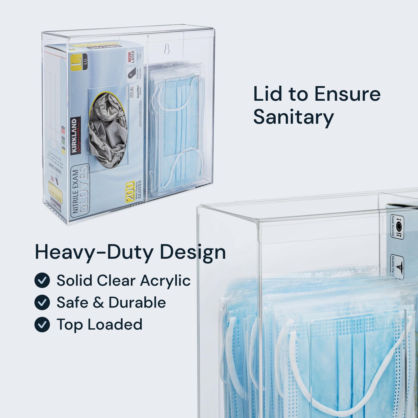 SimplyImagine Dual Hygiene Dispenser Station - Clear Acrylic - Glove Dispenser with Dust-Free Lid - Wall-Mount & Tabletop Glove Holder - Sanitation Station & Mask Container & Hairnet Holder
