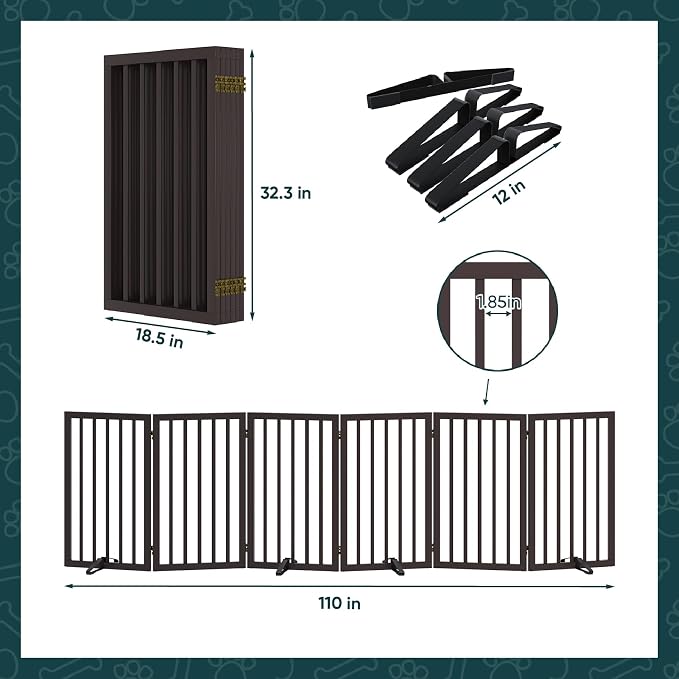 Semiocthome Freestanding Dog Gate Indoor 32" Tall, 6-Panel Wooden Dog Gates for Doorways Stairs, Foldable Pet Gate Safety Fences Indoor (110" W,Espresso)