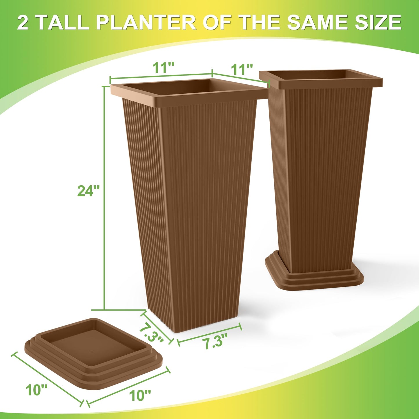 TUYOHW Set of 2 Tall Planters, 24" Large Indoor Outdoor Flower Pots with Tray, Modern Tapered Planters for Porch, Patio, Garden, Backyard