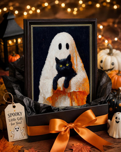 Ghost and Black Cat Wall Art 9x11, Dark Brown Framed Canvas Print, Cute Spooky Ghost Holding Cat Picture, Halloween Room Decor for Cat Lovers