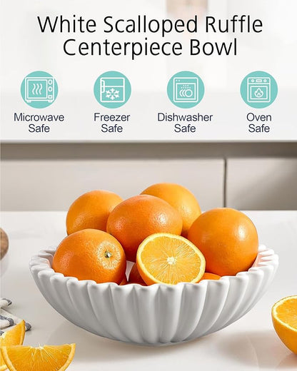 KULEDM Large Decorative Bowl Home Decor - 10in Ceramic White Scalloped Ruffle Fruit Bowl for Kitchen Counter, Dishwasher & Microwave Safe