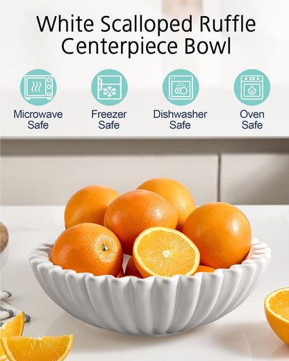 KULEDM Large Decorative Bowl Home Decor - 10in Ceramic White Scalloped Ruffle Fruit Bowl for Kitchen Counter, Dishwasher & Microwave Safe
