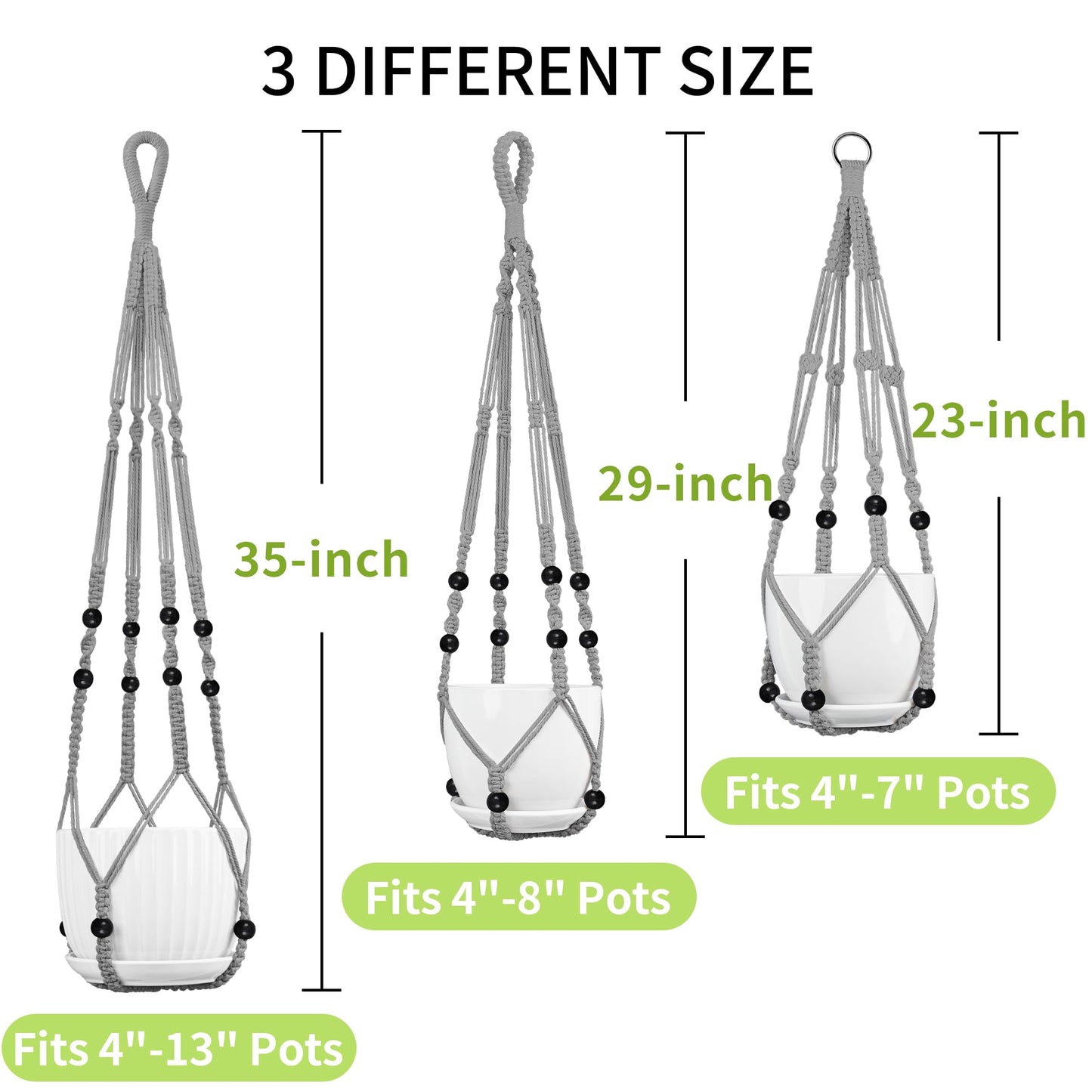 IDEEEPAN Macrame Plant Hanger - Fits 4 to 13 inches Pots for Indoor Outdoor, 35"/29"/23" Different Sizes Set, Gray (POTS NOT Included)