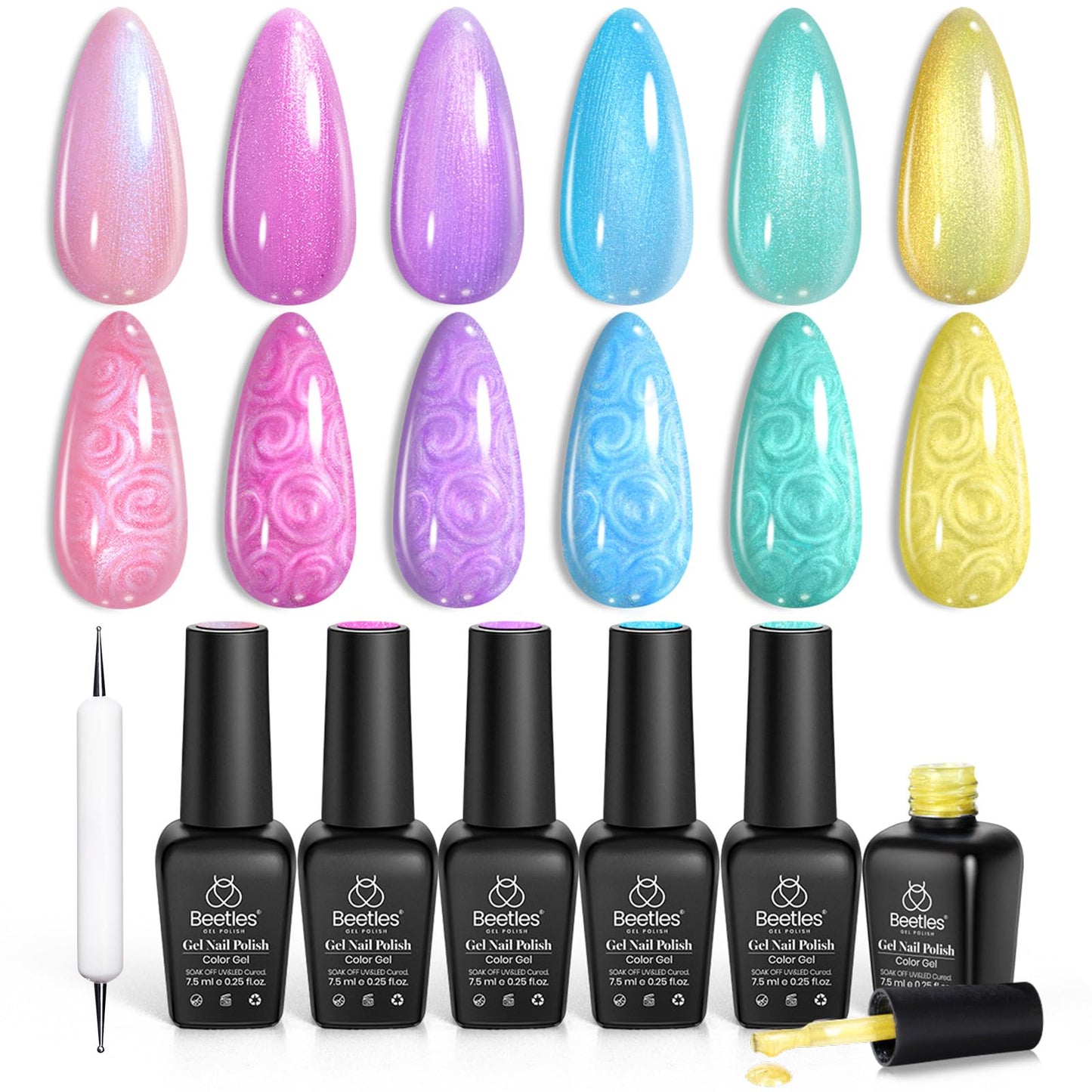 Beetles Cat Eye Gel Nail Polish Set, 6 Summer Colors Pastel Shimmer Glitter Gel Polish Kit Soak Off LED UV Curing Requires Pink Red Blue Orange Green Purple Velvet Gel with Magnet Gift for Women