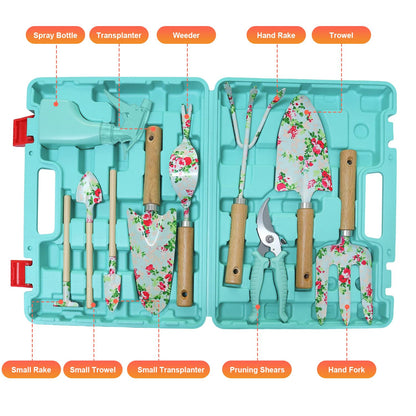 WANCHI Light Green Gardening Set, 10-Piece Garden Tool Kit with Trowel, Hoe, Shovel & Rake, Ideal Gardening Gift for Women, Mom, Grandma | Birthday Gifts for Her | Hand Tools for Small Gardens