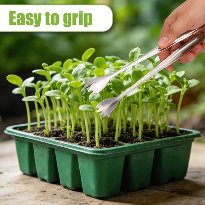 Seedling Transplant Tong & 3pcs Tweezers Set, Stainless Steel Long Thin Seed Starter Seedling Transplanting Pliers Gardening Planting Tool Stuffer Supplies for Plant Lowering Root Damage (Silver)