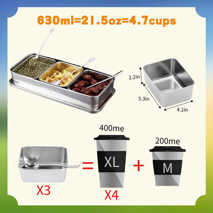 TOTITOM Seasoning Condiment Container, 3 Compartment 304 Stainless Steel Seasoning Organizer Box with Lids Spoons, for Snacks Flour Dry Goods Fruits Ingredient Kitchen Restaurant Pantry