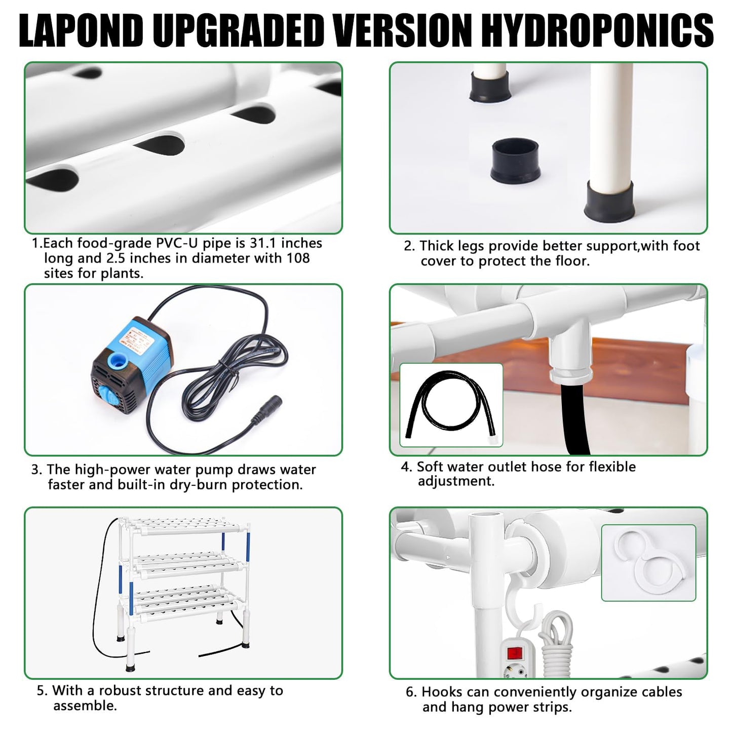 LAPOND Upgraded Hydroponics Growing System Kit,108 Plant Sites 3 Layers Food-Grade PVC-U Pipes Hydroponic Grow Kit Gardening System for Vegetables,Flowers,Fruits,Herbs