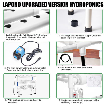 LAPOND Upgraded Hydroponics Growing System Kit,108 Plant Sites 3 Layers Food-Grade PVC-U Pipes Hydroponic Grow Kit Gardening System for Vegetables,Flowers,Fruits,Herbs