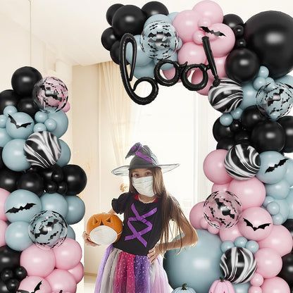 Froova Halloween Balloons Arch Dusty Pink Blue Balloon Garland Kit Boo Foil Balloons with 3D Bat Stickers for Boy or Girl Gender Reveal Night Pink Ghost Spooky One Baby Shower Birthday Party Decor