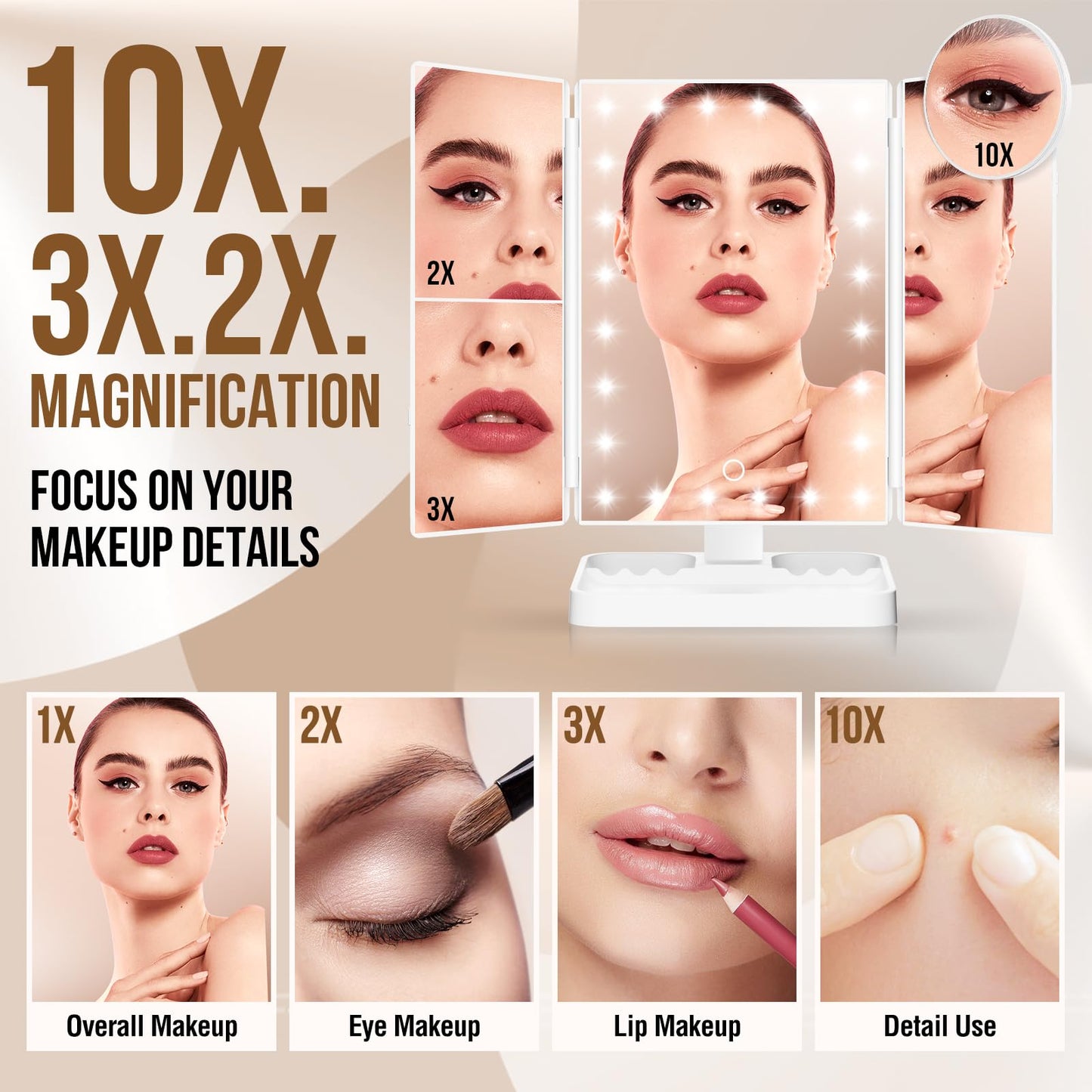 Wireless Rechargeable Lighted Makeup Mirror with 3 Color Lighting, 2000mAh Rechargeable Battery, 10x 3X 2X Magnification, 24 LED, 360 Degree Rotation, Gift for Woman (White)