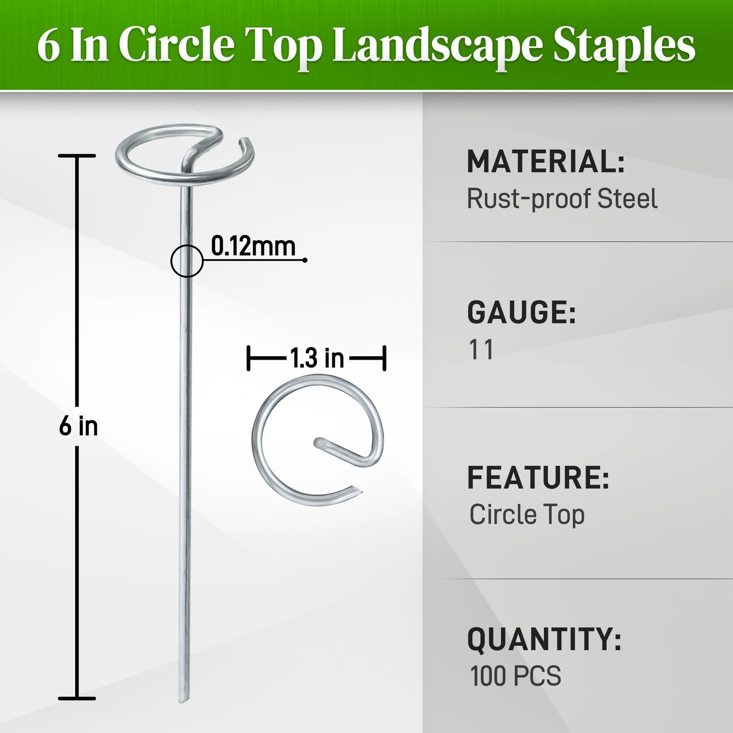 Quibbay 100 Pcs Circle Top Landscape Staples, 11 Gauge Landscape Fabric Pins, Not Easy to Bend 6 inch Galvanized Landscape Fabric Stakes, Garden Stakes for Landscaping, Heavy Duty Ground Stakes
