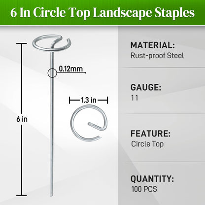 Quibbay 100 Pcs Circle Top Landscape Staples, 11 Gauge Landscape Fabric Pins, Not Easy to Bend 6 inch Galvanized Landscape Fabric Stakes, Garden Stakes for Landscaping, Heavy Duty Ground Stakes