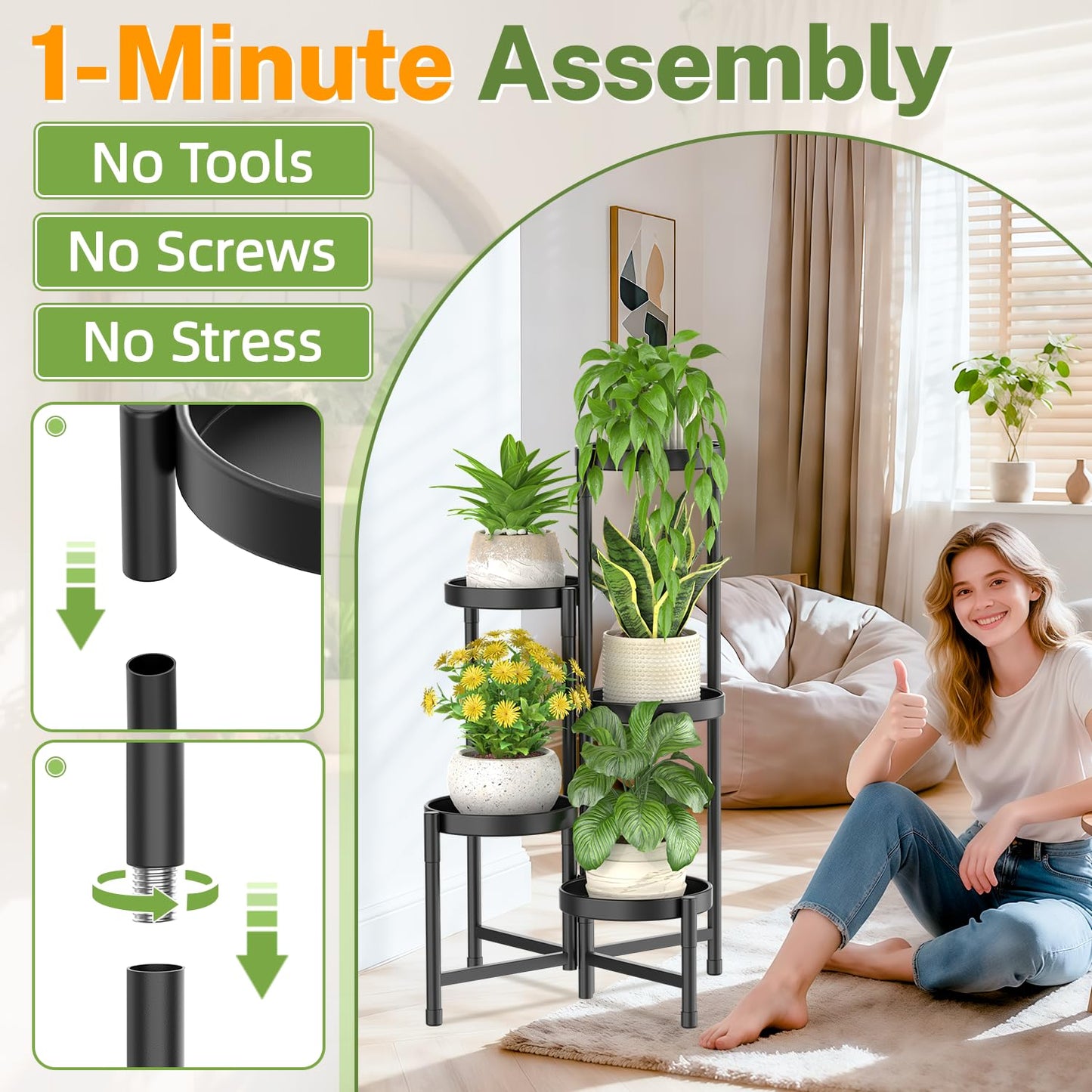 iDavosic.ly Plant Stand with Garden Tools, 5 Tier Corner Metal Flower Display Holder Shelf Indoor Outdoor, Folding Tall Orchid Rack for Patio Balcony Porch Living Room House, Black