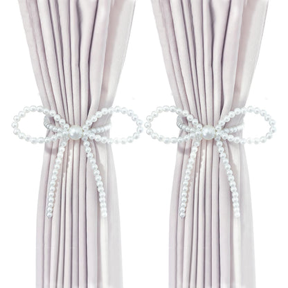 Pearl Bow Magnetic Curtain Tiebacks 2 Pack, No Drill Curtain Holdbacks with Strong Magnets, Decorative Pearl Curtain Holders for Living Room Bedroom Home Decor