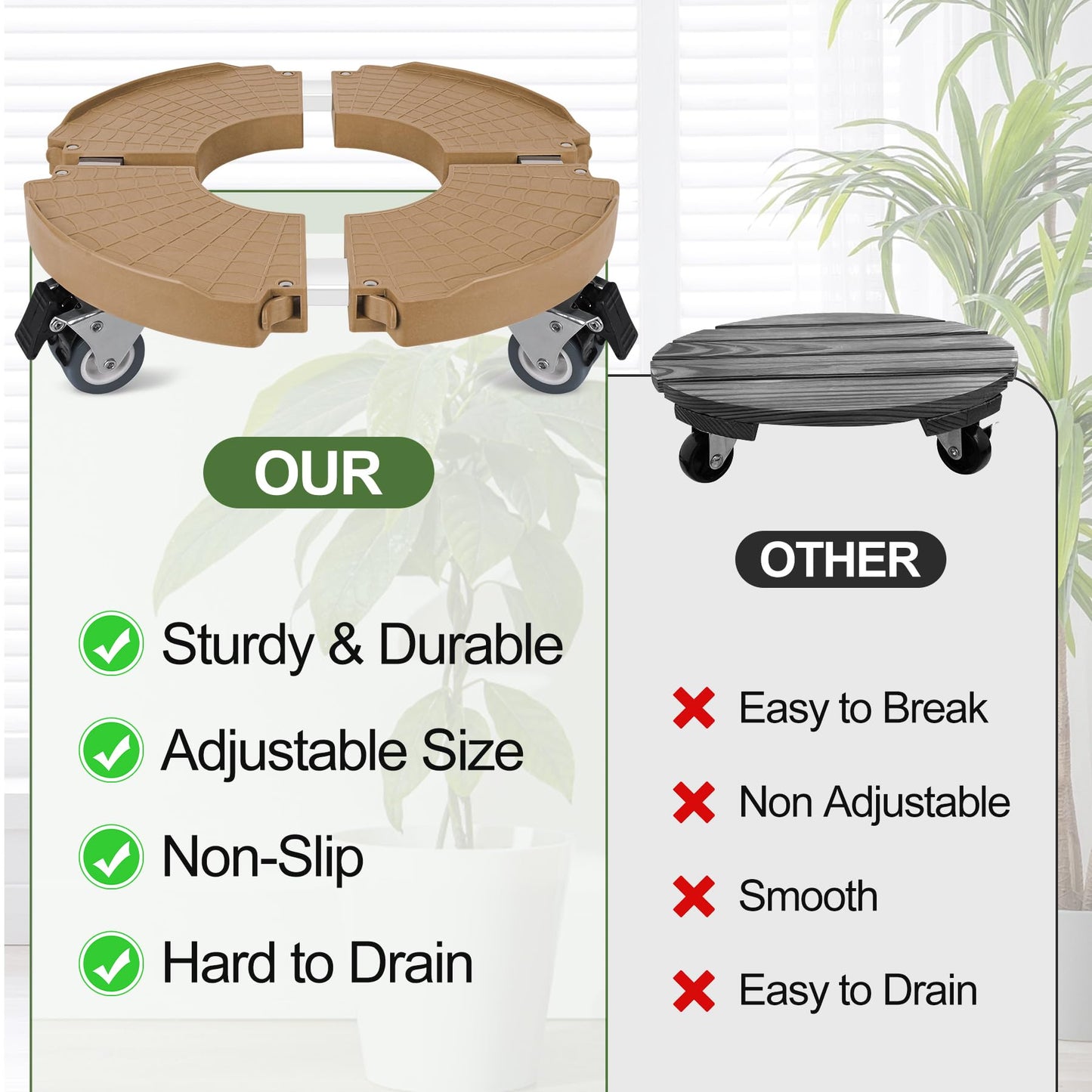 ToLanbbt Plant Caddy Stand with 360° Wheels Adjustable 15-22 Inch Rolling Stand Heavy Duty Large Plant Cart Dolly with Casters 440lbs Capacity for Large Planter, Garden Pot, Flower Pot, Khaki, 1 Pack