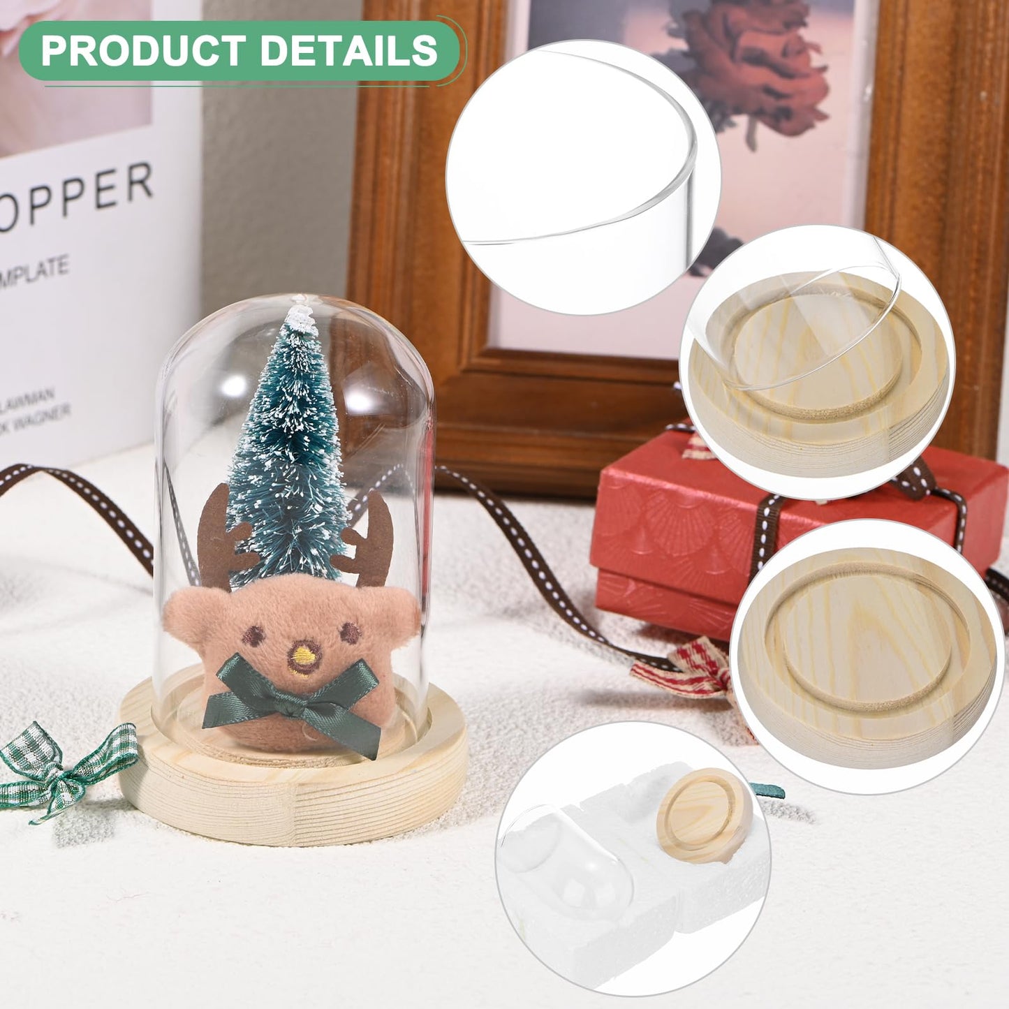 M METERXITY Cloche Glass Dome, 3.9"x2.4" Glass Display Case with Wooden Base for DIY Snow Globes/Small Plants/Flowers/Candles/Models/Souvenirs, Tabletop Centerpiece [Wood]