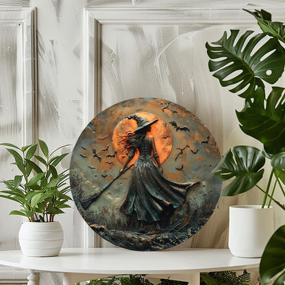 Classic Witch on Broomstick Round Aluminum Sign Halloween Autumn Wall Hanging Decorative Signs & Plaques 8x8 Inch Rustic Style Wall Decor for Halloween, Autumn, Living Room, Bedroom