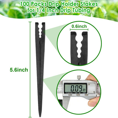 Kepmix 100 Pieces Drip Irrigation Support Stakes for 1/4 Inch Tubing, Plastic 1/4'' Drip Tube Holder Stakes for Irrigation Hose Emitter Support Garden Greenhouse Drip Supplies, 5.6-Inch Long