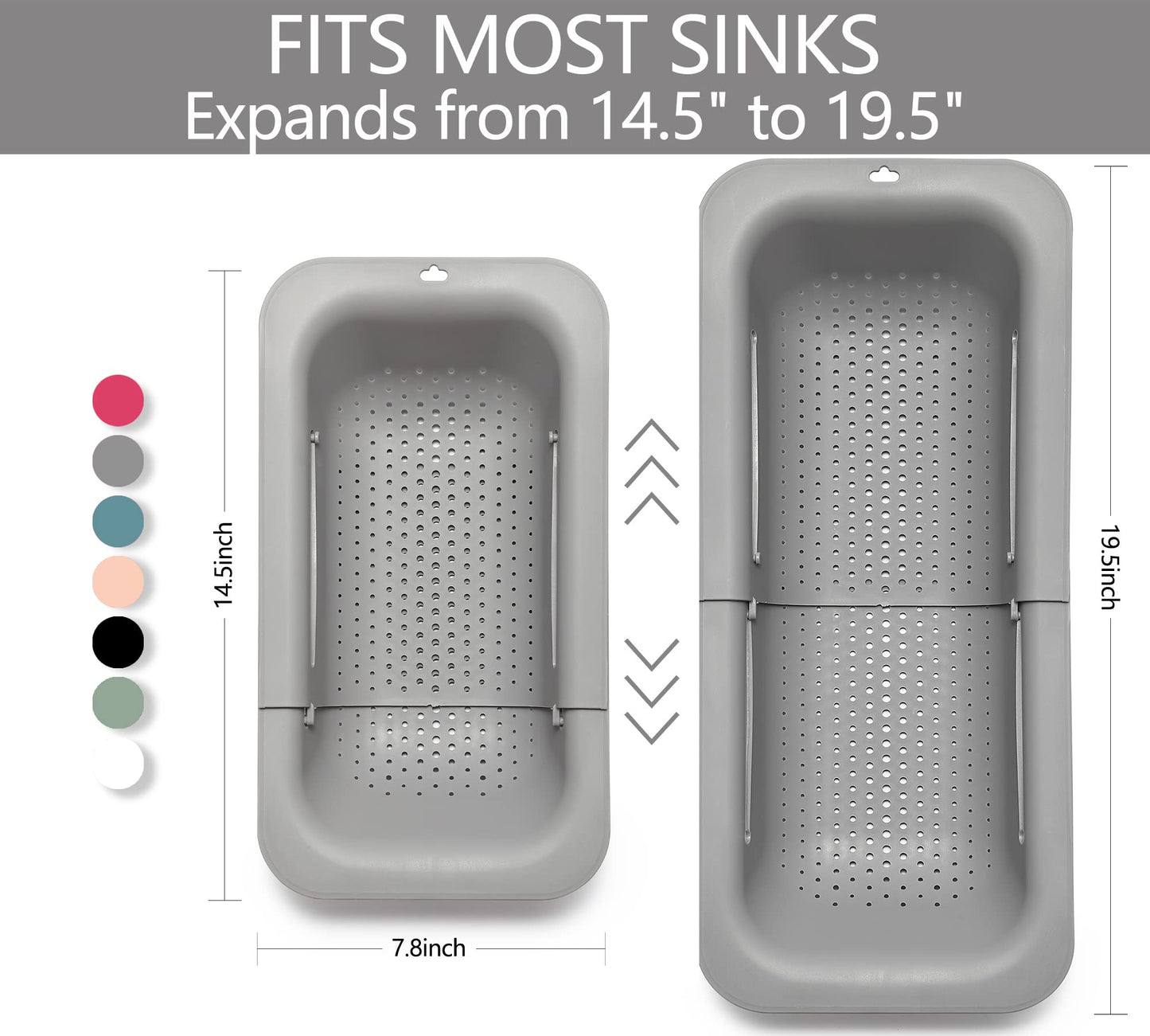Adjustable Over the Sink Colander Strainer, Silicone Clip On Strainer for Pots Strainers and Plastic Colanders Drainer Basket for Food Pasta Vegetables Kitchen, Extendable 14.5"-19.5", Green