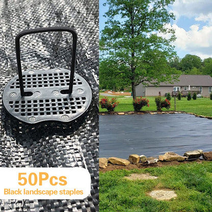 Bakulyor 50pcs Black Landscape Staples + 50pcs Buffer Washer, 6 Inch 11 Gauge Garden Stakes Staples, U Shaped Galvanized Lawn Pins Heavy Duty Yard Ground Pin for Weed Barrier Sod Fabric Decorations