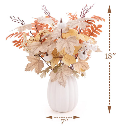 Fall Decor - Ceramic Pumpkin Vase with 15 PCS Autumn Maple Leaf Pumpkin Berry Stems - Table Centerpieces Thanksgiving Farmhouse Neutral Harvest Decorations for Home Indoor Dining Room Kitchen