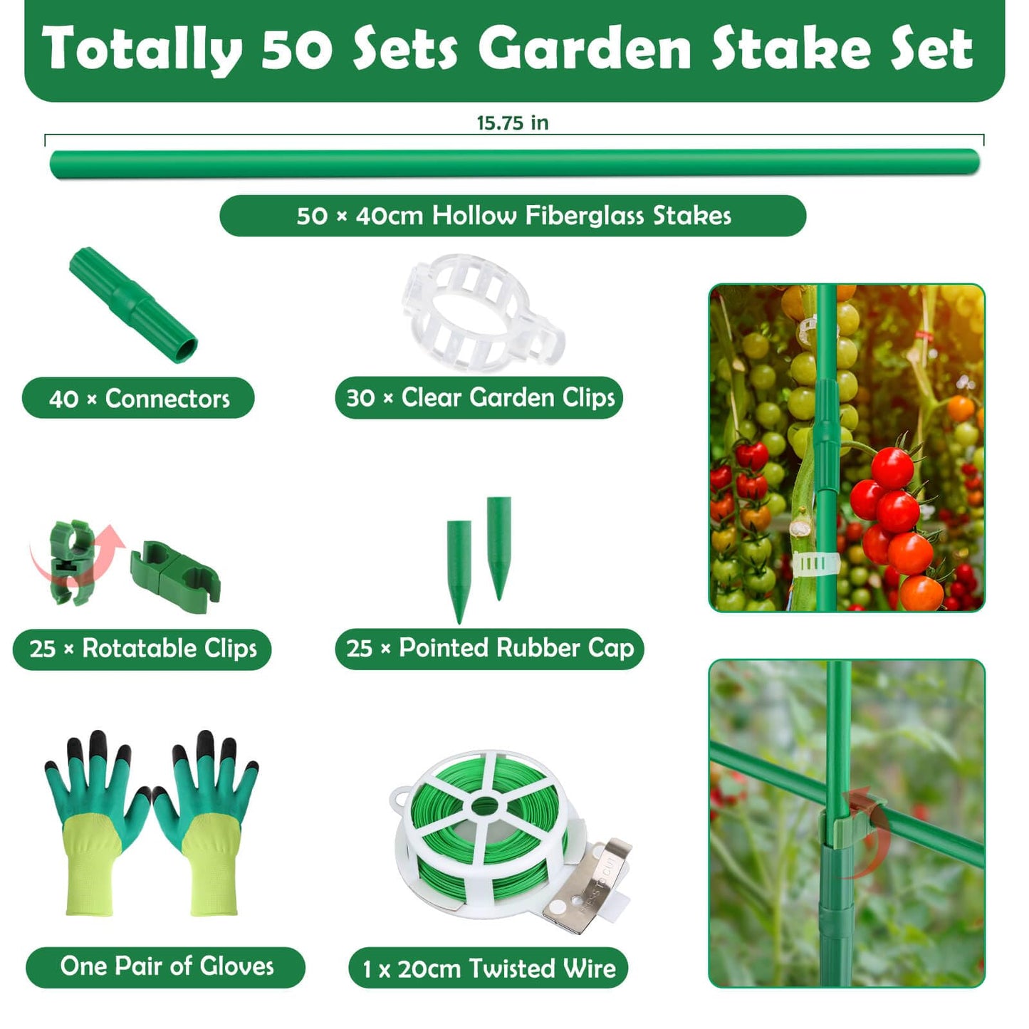 Cludoo 162PCS Garden Stakes Set with 50 Sets Fiberglass Plant Stakes Sticks Supports and Accessories, DIY 4ft 5ft 6ft 7ft Tomato Stakes for Tomato,Vegetables, Pepper, Fences Indoor Outdoor Plants