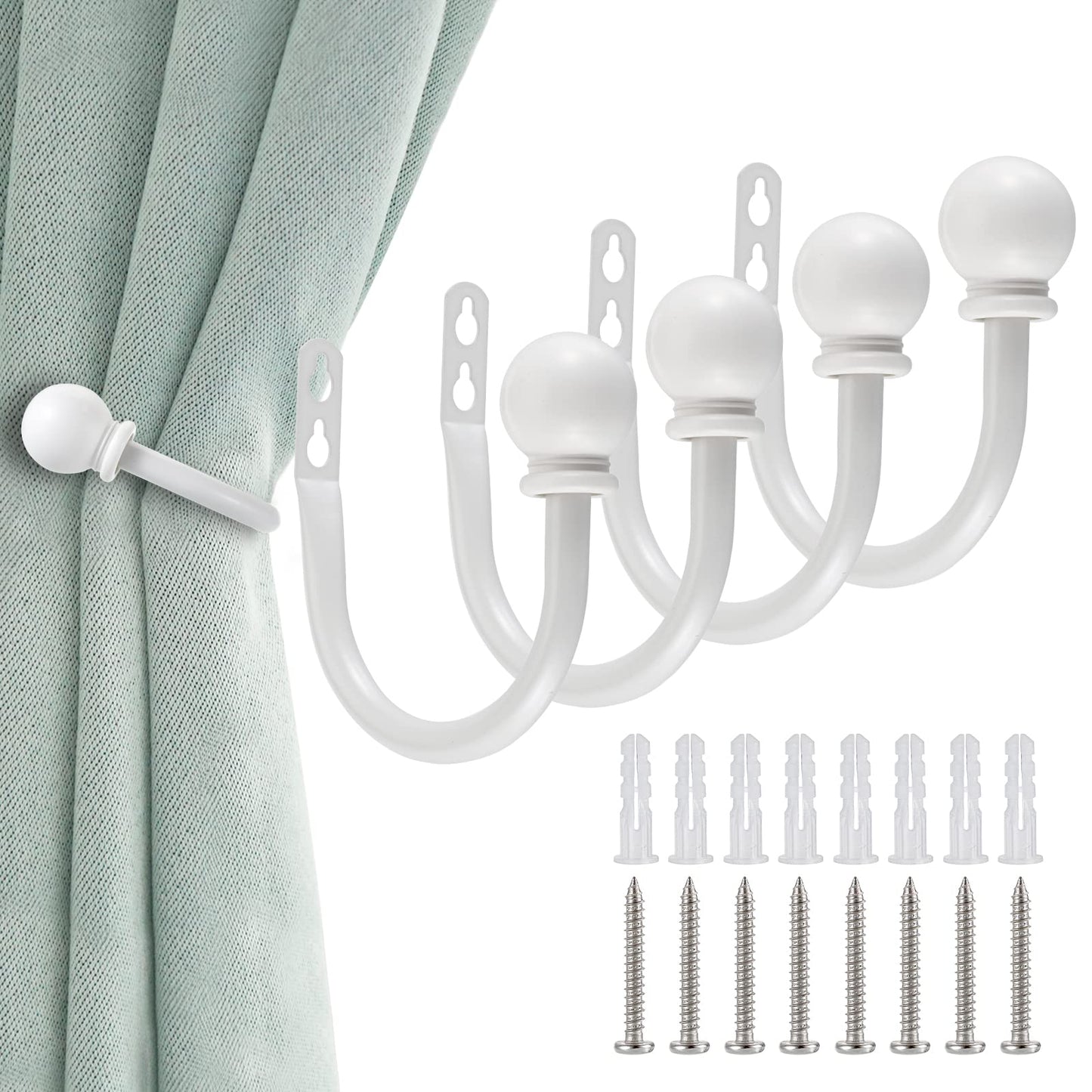 Sumnacon Set of 4 Decorative Curtain Holdbacks, Wall Mounted Aluminum Alloy Window Drapery Tiebacks for Bedroom, Livingroom Office Come with Screws, White