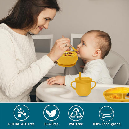 Dormlony 100% Silicone baby feeding set,BPA free Baby dishes set with Suction Bowl Divided Plate,Toddler Self Feeding Dish Set with Spoons Forks Sippy Cup And Bib, Baby Eating Utensils (Pumpkin)