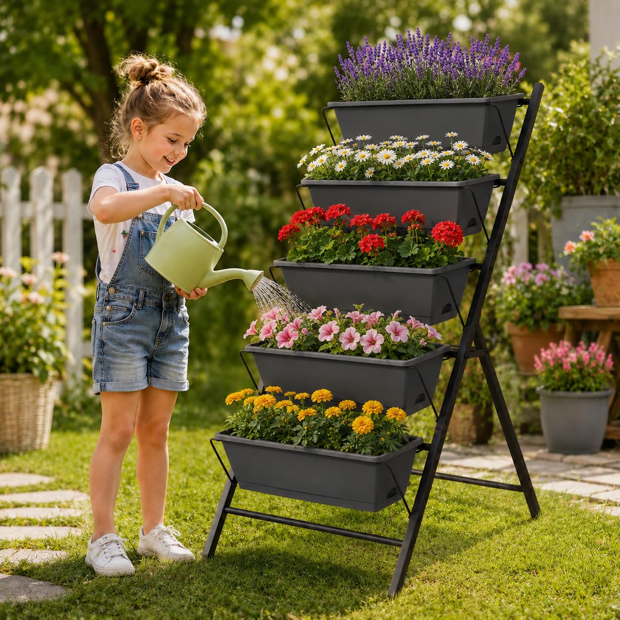 Giantex 5-Tier Vertical Garden Planter, Raised Garden Bed w/Drainage System & Removable Tray, Metal Frame Elevated Planter Boxes for Herb Vegetable Flower Grow, Outdoor Indoor Patio Balcony Backyard
