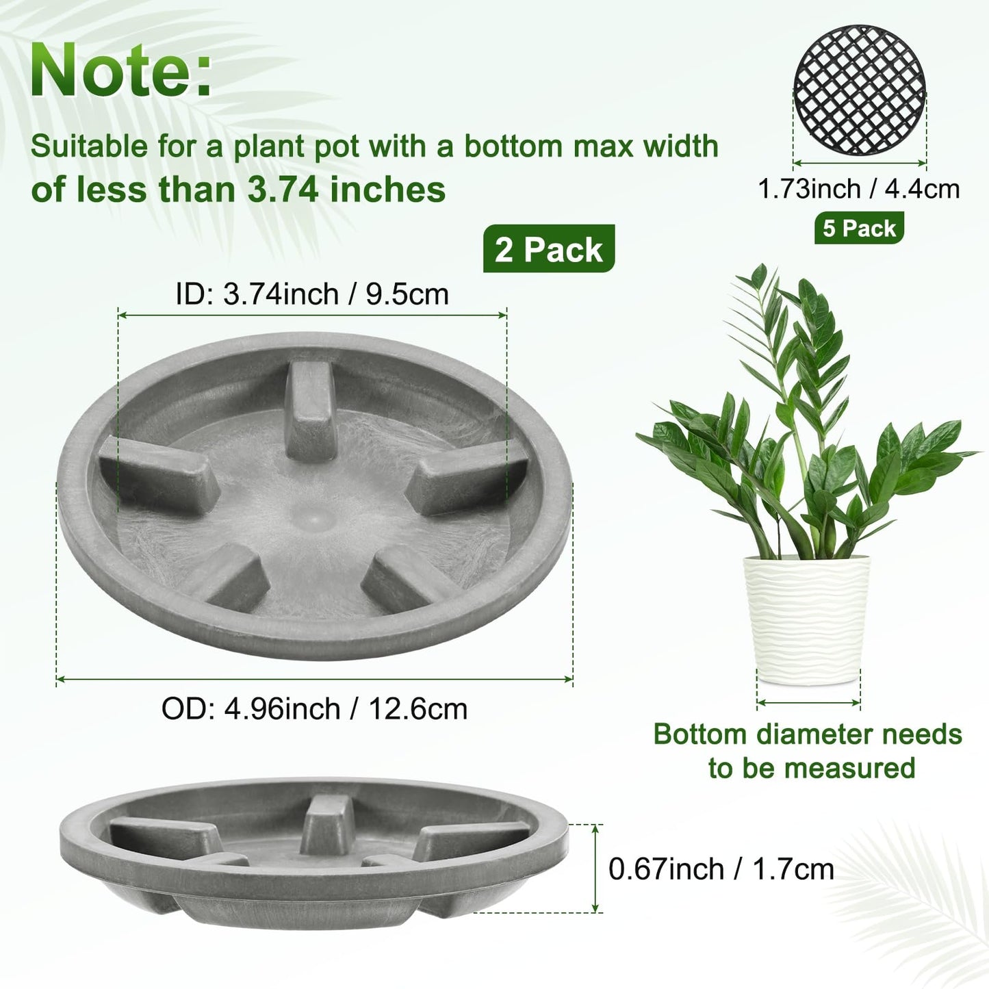 M METERXITY 2-Pack Plant Saucer, 3.74 Inch/9.5 cm Plastic Plant Trays Thicker for Pots/Indoor/Outdoor/Water Drainage and Protection, Flowerpot Drip Tray [Gray Veins]