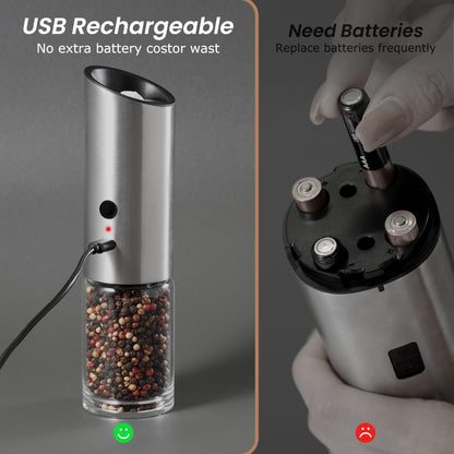 VEVOK CHEF Electric Salt and Pepper Grinder Set Rechargeable with LED Light Type-C Automatic Gravity Stainless Steel Pepper Mill Spice Grinder Adjustable Coarseness