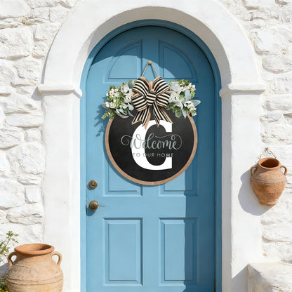 Last Name All Year Round Front Door Garland, Rustic Round Wood Wreaths wall Hanging Outdoor, Farmhouse, Porch, for Spring Summer Fall All Seasons Holiday Halloween Christmas (C)