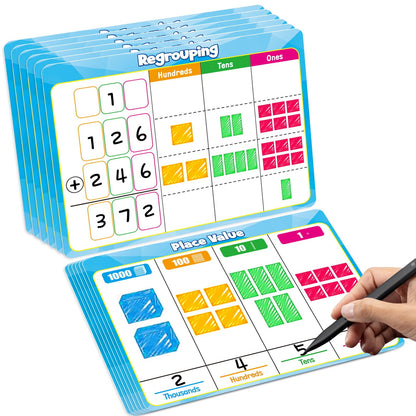 PraxiKidy 12 Pack Place Value Dry Erase Flash Cards Chart, 9" x 12" Base Ten Addition and Subtraction Math Manipulatives 1st 2nd 3rd Grade Classroom Must Haves Teacher Homeschool Supplies Essential